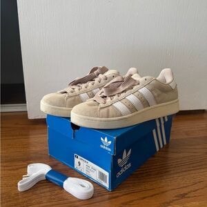 adidas Beige Suede Low-Top Sneakers with White Stripes
